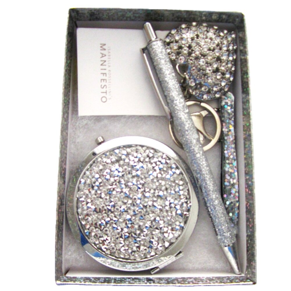 Purse Gift Set Glitter Mirror, Pen, Heart Keychain, Tweezer, Manifesto Scent NEW